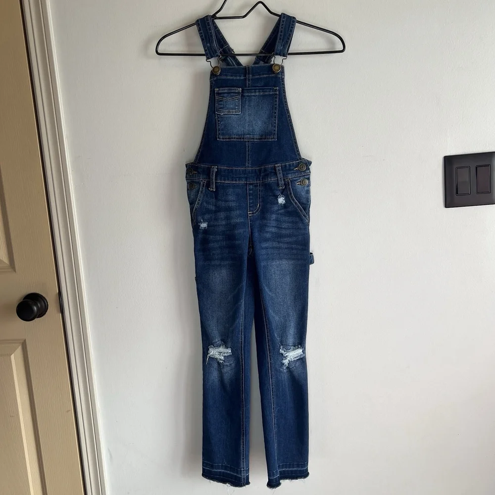 Justice Girls Overall Jumper Denim Blue Size 10 Slim Skinny Stretch Fringe Hem